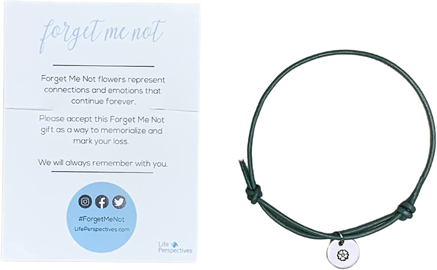 Forget-Me-Not Remembrance Leather Bracelets Green with card